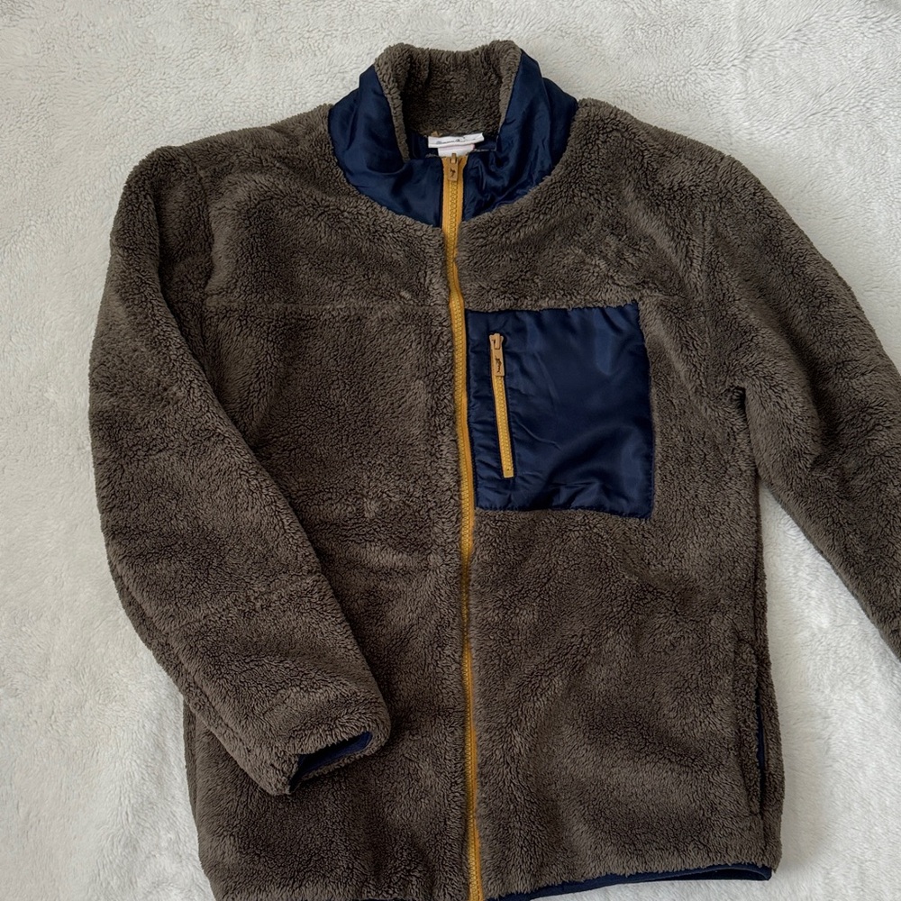 Kids Brown Plush Fleece Jacket with Navy Pocket